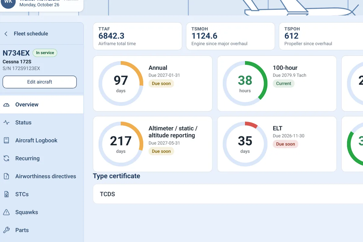 Aircraft overview with total times and gauges for annual, 100-hour, transponder, altimeter, ELT and ELT battery due dates