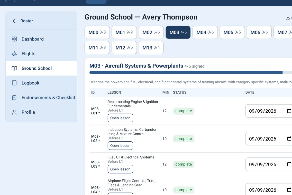 Ground school page for a student showing modules, lesson status, self-study marks and instructor sign-off