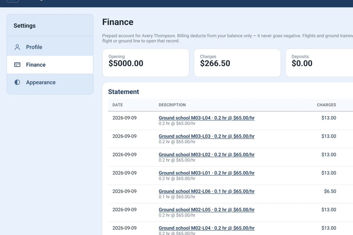 Student finance page with prepaid balance, deposits, charges and a running statement