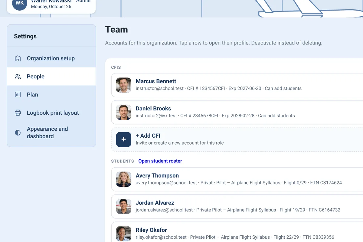 Organization settings with the team list of instructors, students and mechanics